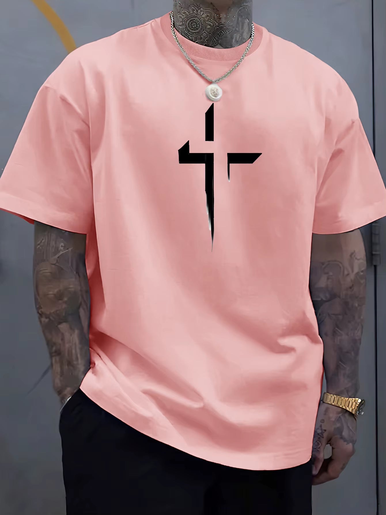 Summer Men'S 100% Pure Cotton Casual Loose plus Size Cross Creative Printed Sports Comfortable round Neck Short Sleeved T-Shirt