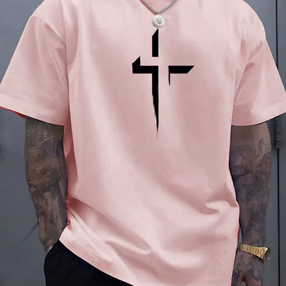 Summer Men'S 100% Pure Cotton Casual Loose plus Size Cross Creative Printed Sports Comfortable round Neck Short Sleeved T-Shirt