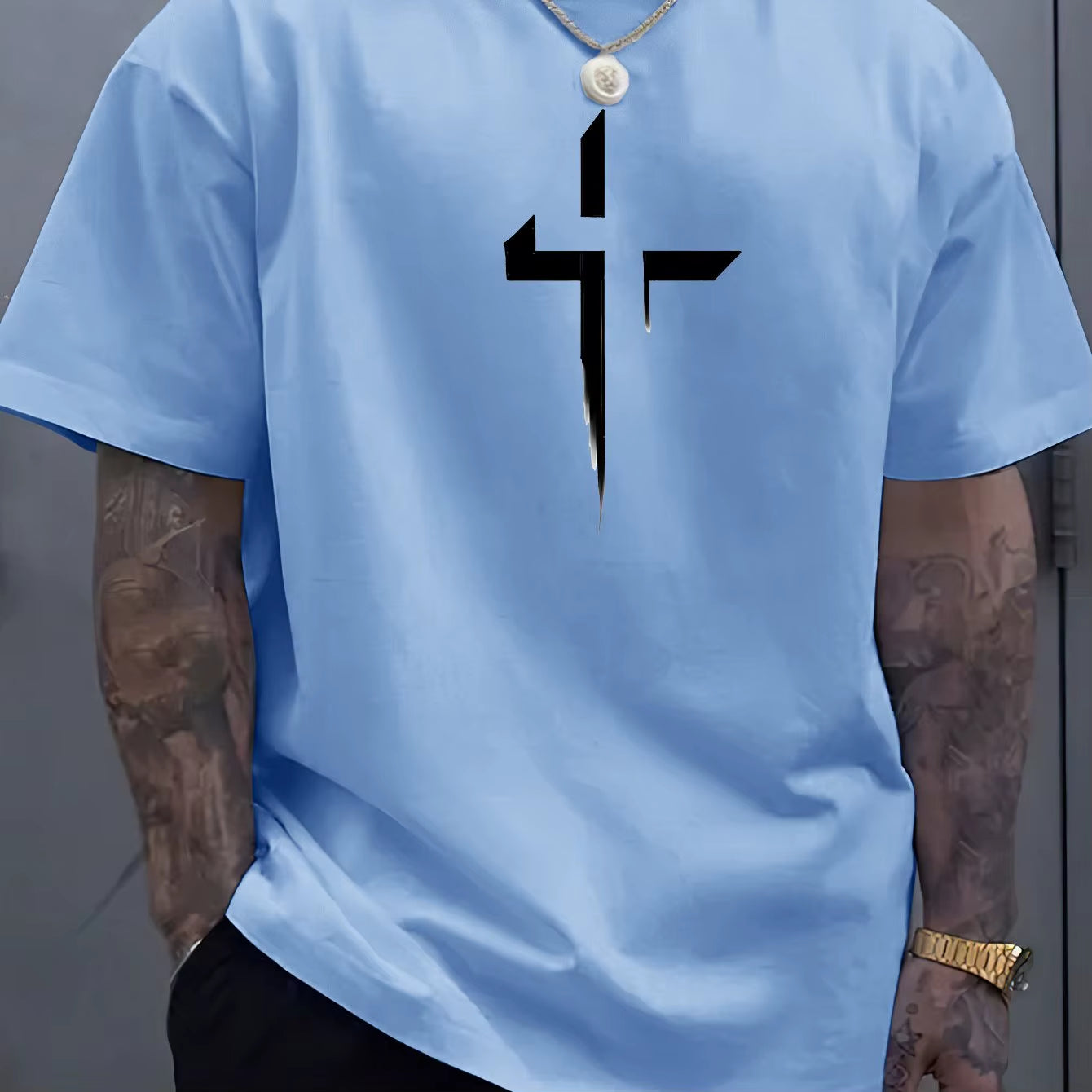 Summer Men'S 100% Pure Cotton Casual Loose plus Size Cross Creative Printed Sports Comfortable round Neck Short Sleeved T-Shirt