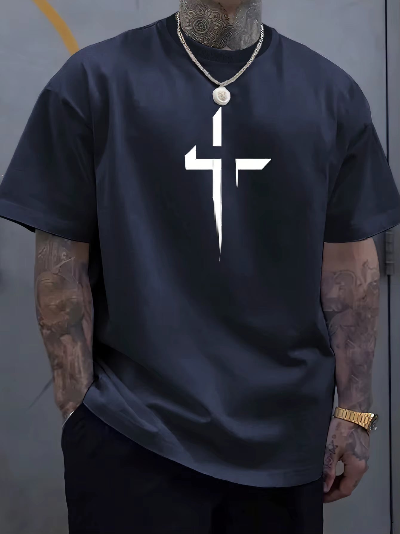 Summer Men'S 100% Pure Cotton Casual Loose plus Size Cross Creative Printed Sports Comfortable round Neck Short Sleeved T-Shirt