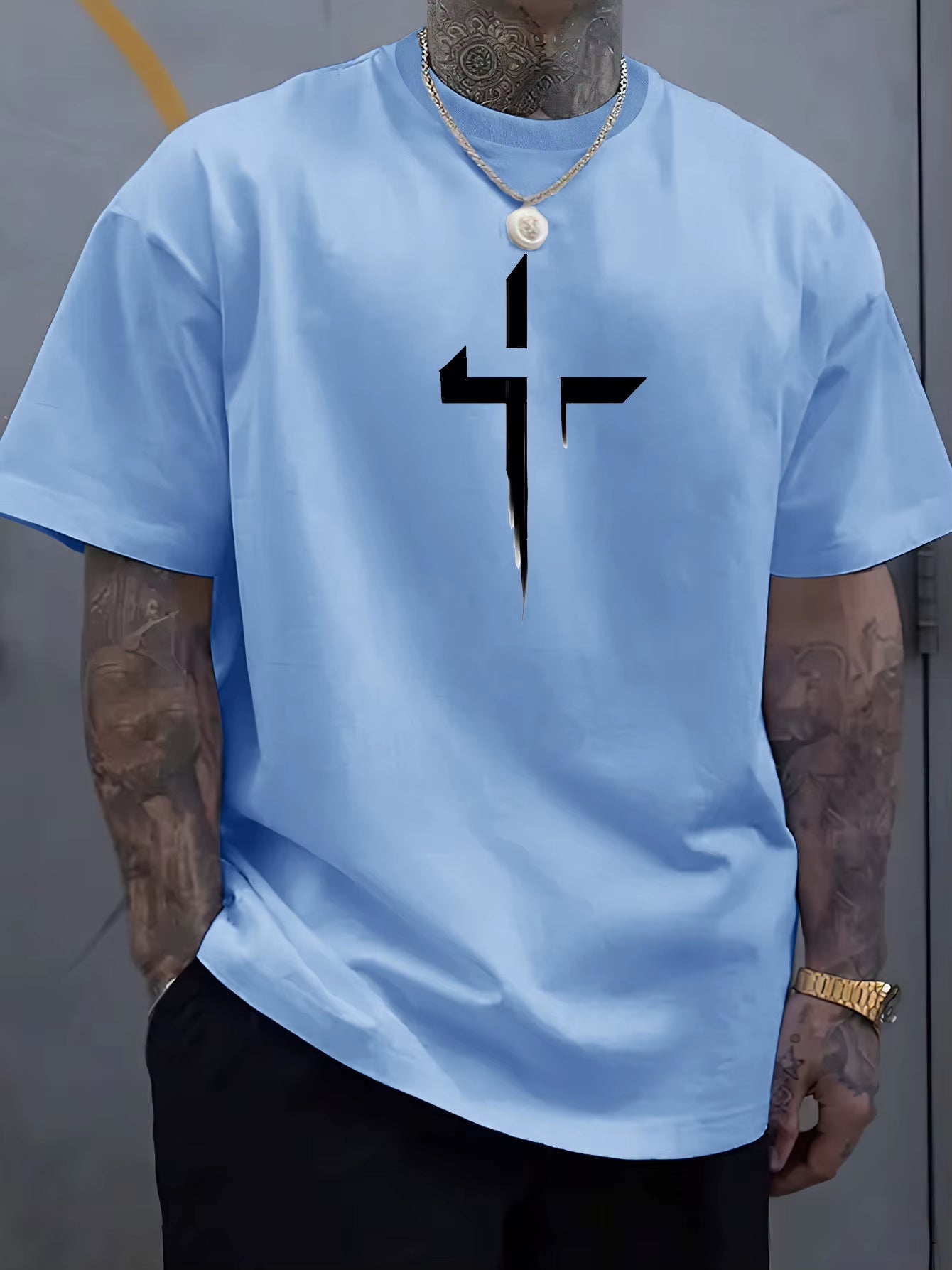 Summer Men'S 100% Pure Cotton Casual Loose plus Size Cross Creative Printed Sports Comfortable round Neck Short Sleeved T-Shirt