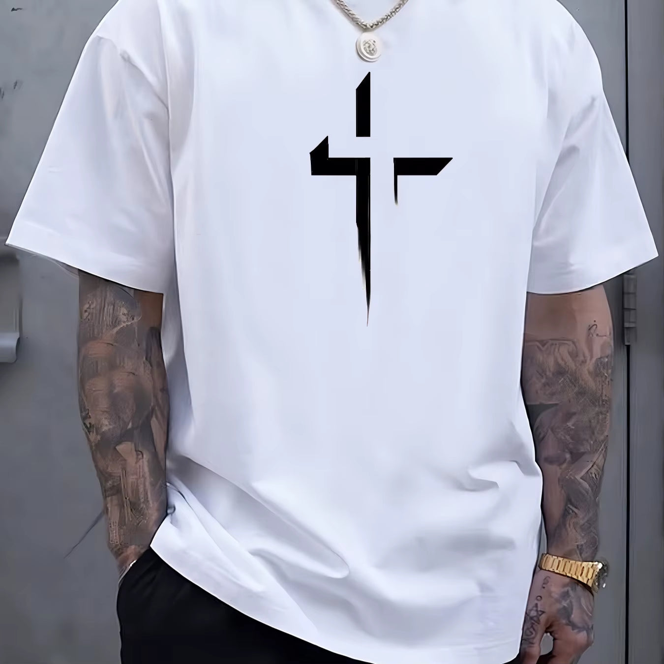 Summer Men'S 100% Pure Cotton Casual Loose plus Size Cross Creative Printed Sports Comfortable round Neck Short Sleeved T-Shirt