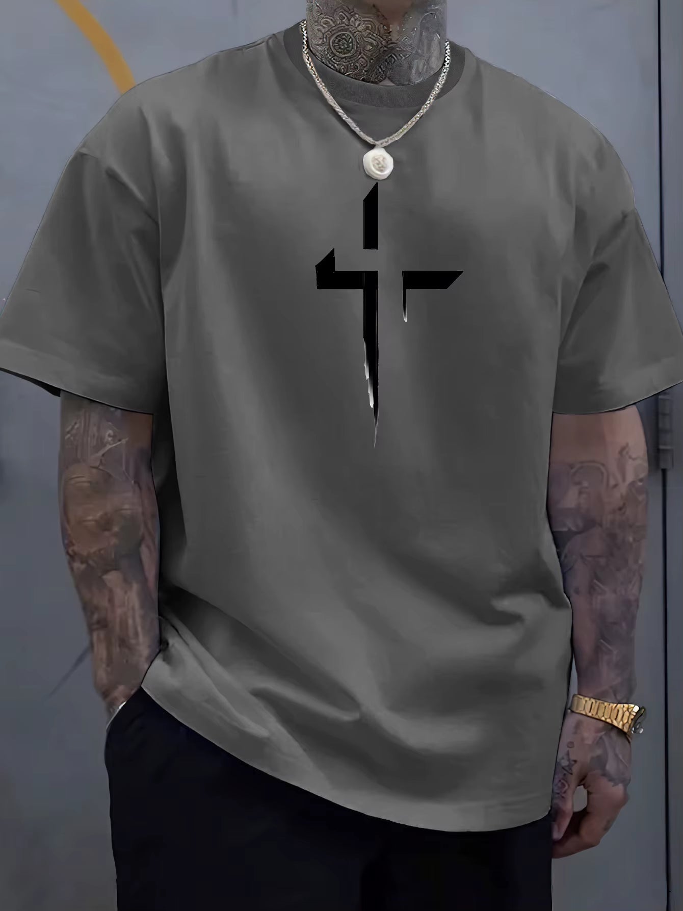 Summer Men'S 100% Pure Cotton Casual Loose plus Size Cross Creative Printed Sports Comfortable round Neck Short Sleeved T-Shirt