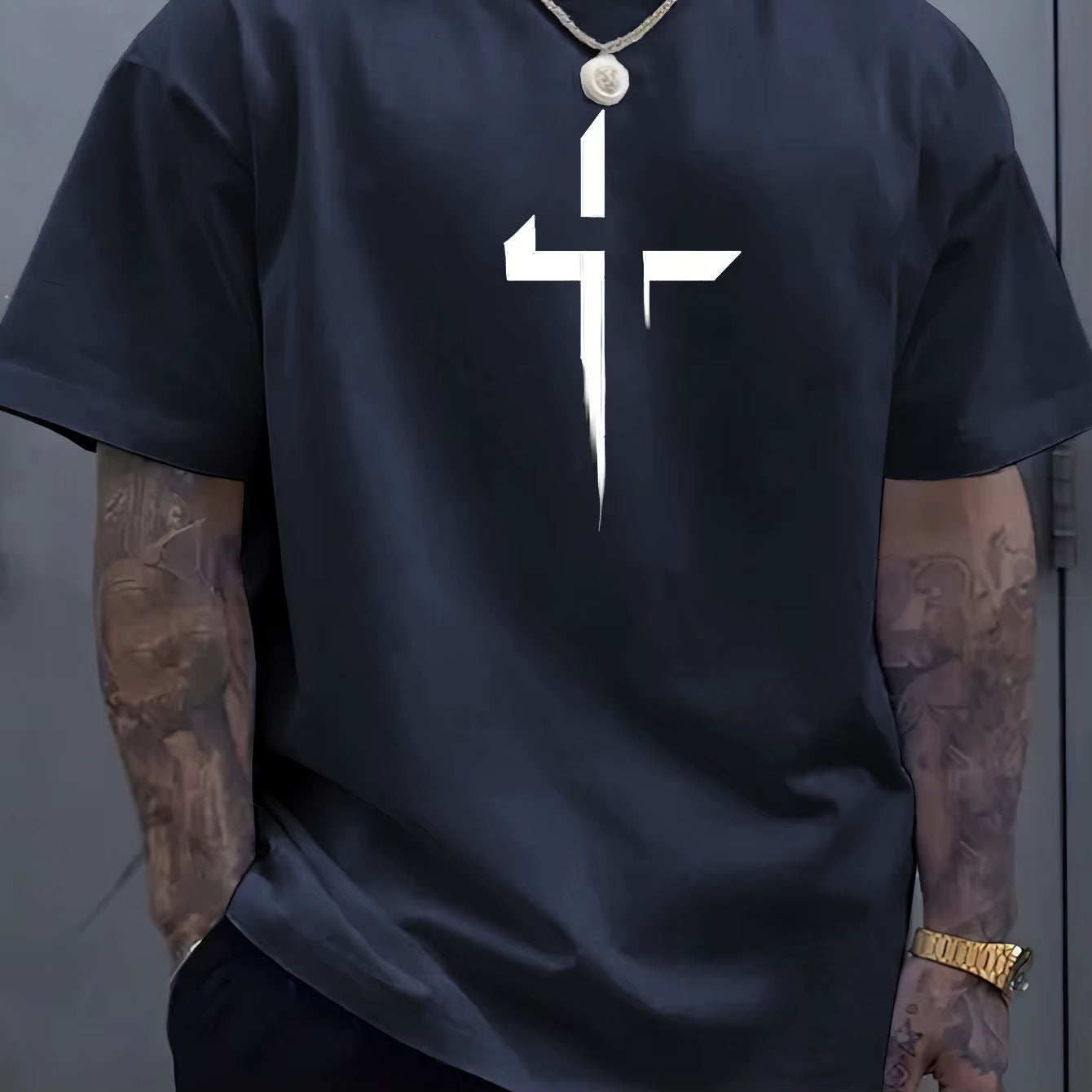 Summer Men'S 100% Pure Cotton Casual Loose plus Size Cross Creative Printed Sports Comfortable round Neck Short Sleeved T-Shirt