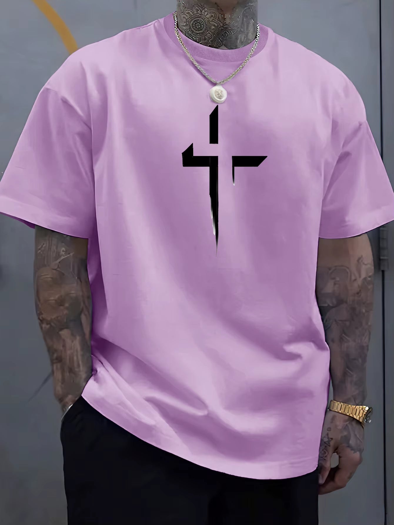 Summer Men'S 100% Pure Cotton Casual Loose plus Size Cross Creative Printed Sports Comfortable round Neck Short Sleeved T-Shirt