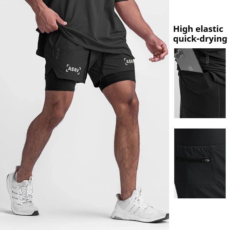 Men'S Professional Running Shorts Trendy Multi Pocket Fitness Training Outdoor Breathable Quick Drying Double Layer Shorts