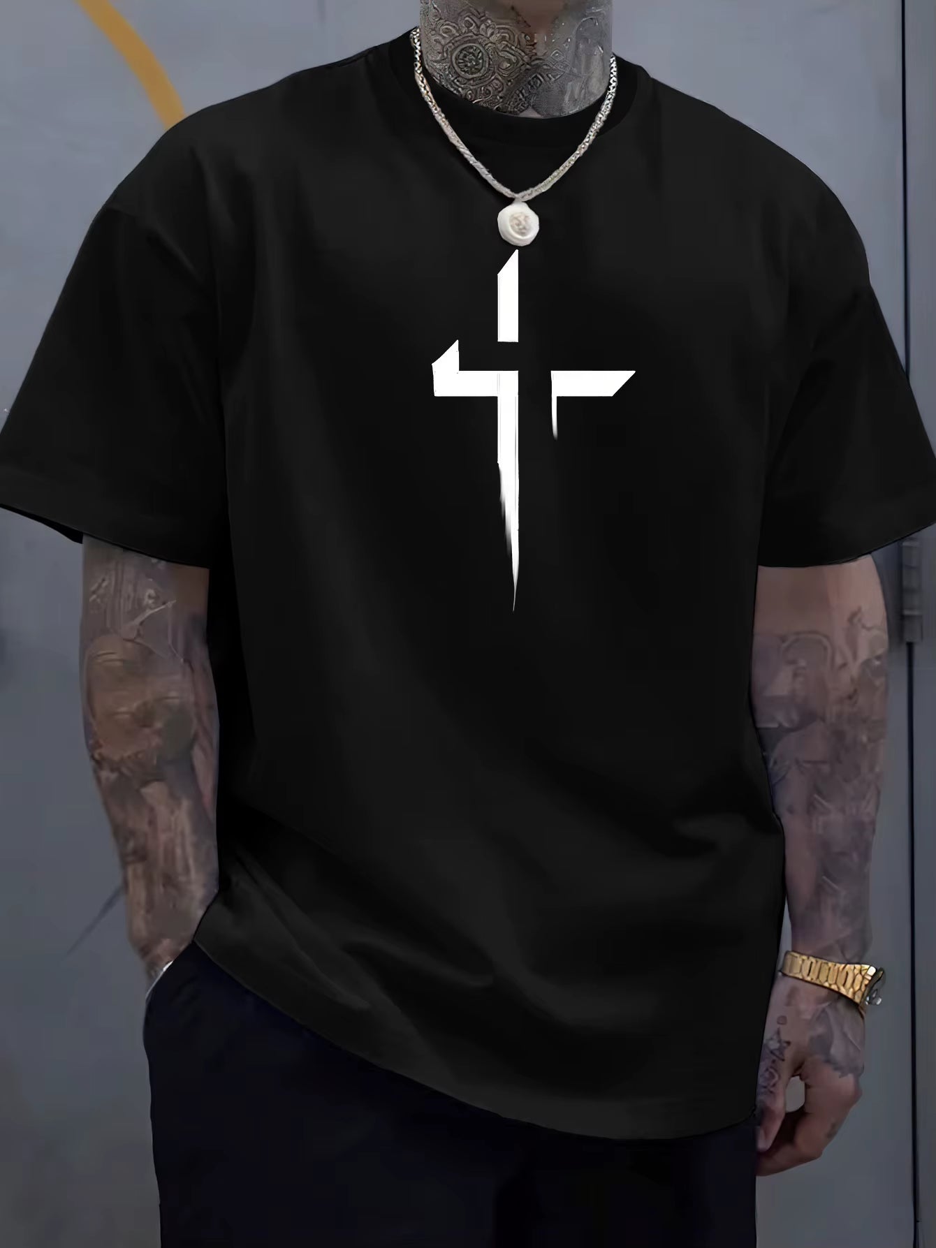 Summer Men'S 100% Pure Cotton Casual Loose plus Size Cross Creative Printed Sports Comfortable round Neck Short Sleeved T-Shirt